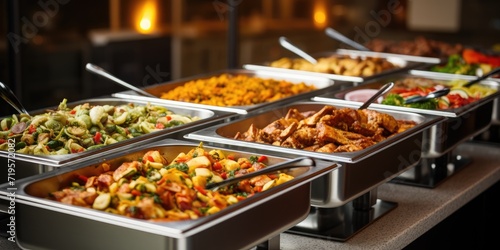 Buffet food in heated trays at hotel restaurant.