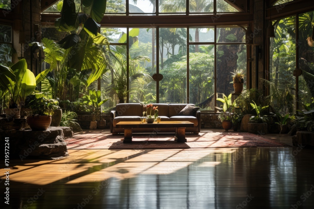 Zen terrace with yoga and lush plants., generative IA