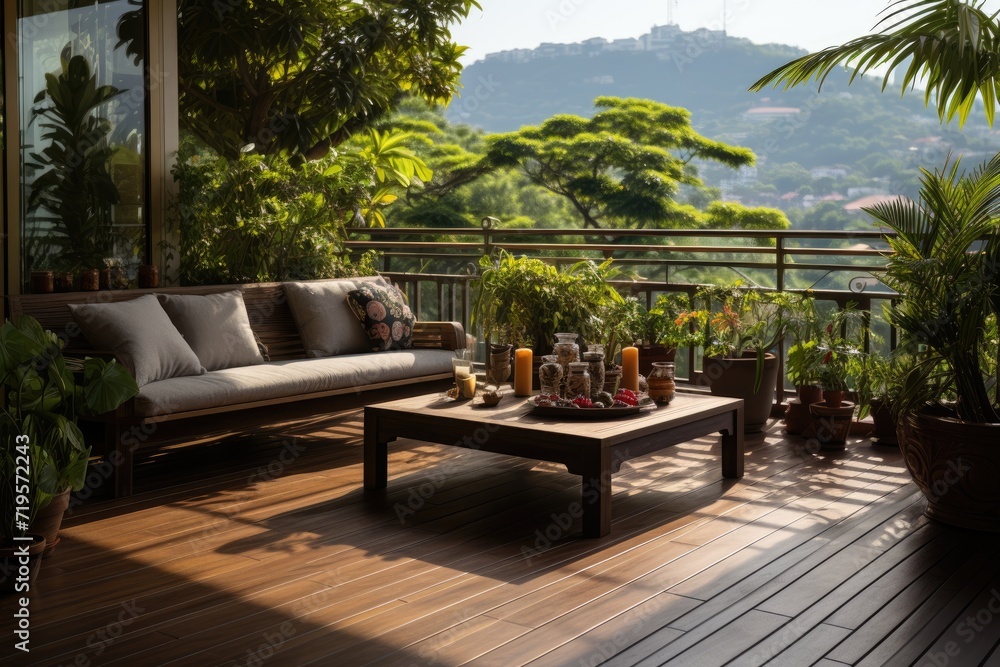 Zen terrace with yoga and lush plants., generative IA Zen terrace with yoga and lush plants., generative IA