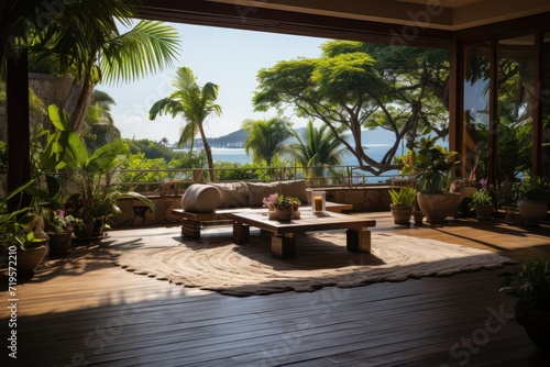 Zen terrace with yoga and lush plants., generative IA