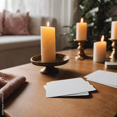 Blank tarot cards mockup on the table with candles and pink scarf photo