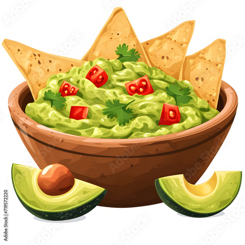 Guacamole with tortilla chips isolated on white background, cartoon style, png
 photo