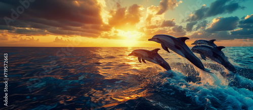Playing dolphins jumping out of the sea, beautiful summer sunset, invitation to a yacht cruise in the Mediterranean sea, World Wildlife Day banner or travel poster with space for concept © Ed