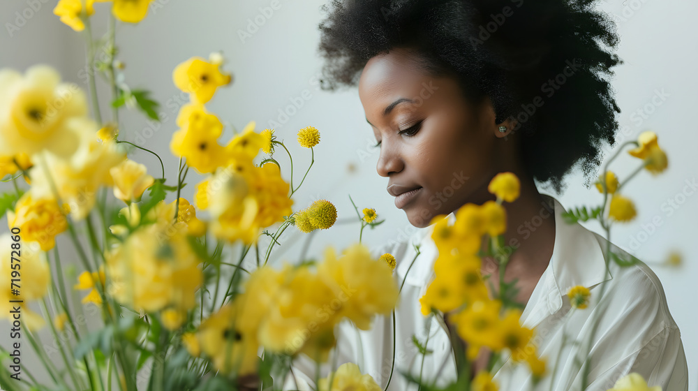 black woman with a bouquet of spring flowers black woman with a bouquet of spring flowers