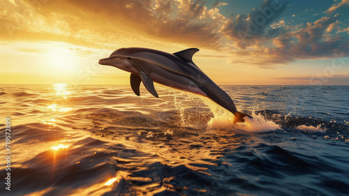 Dolphin jumping out of the sea, beautiful summer sunset, invitation for a yacht tour in the Mediterranean sea, World Wildlife Day banner or travel poster © Ed