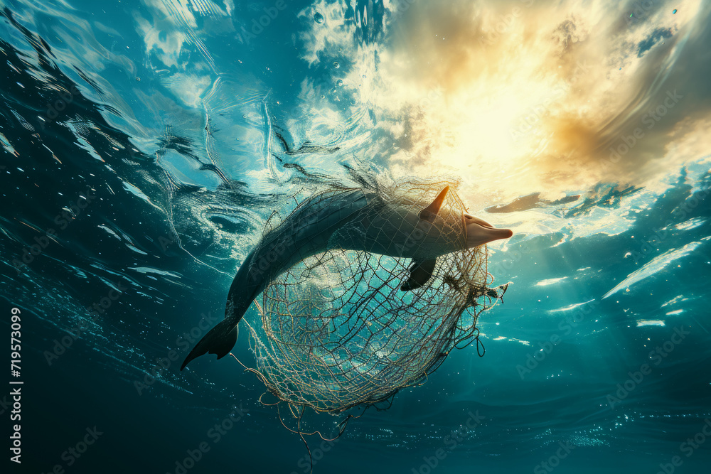 Dolphin underwater entangled in a fishing net at sea, pollution problems affecting the life of wild animals. - obrazy, fototapety, plakaty 