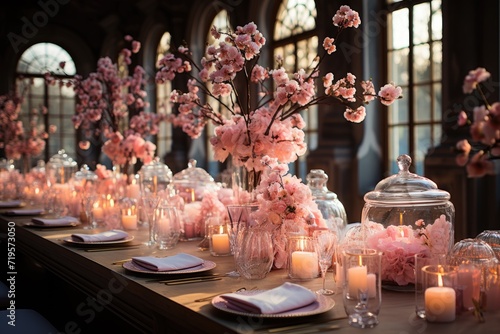 Elegant ballroom with flowers and candles., generative IA