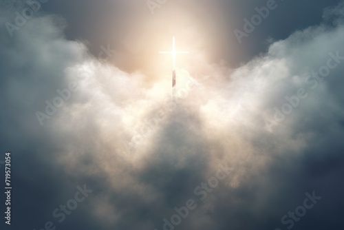 minimalistic design Resurrection - Light Cross Shape In Clouds - Risen - Jesus Ascends to Heaven Scene,