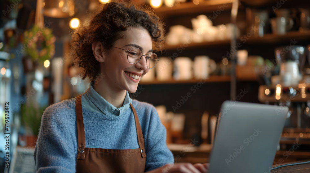 young woman wearing glasses, focused on working on her laptop in a cozy café environment