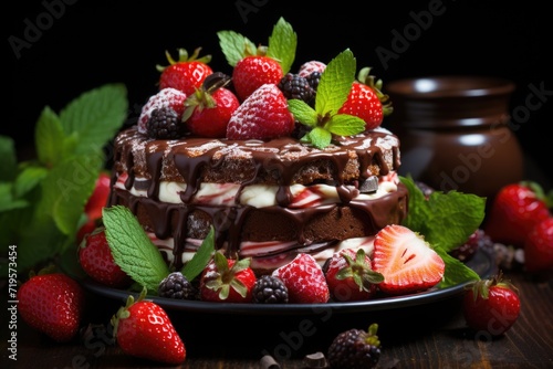 Strawberry  chocolate fruit cake and fresh strawberry on the wooden table  generative IA