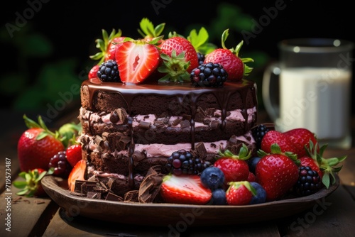 Strawberry  chocolate fruit cake and fresh strawberry on the wooden table  generative IA