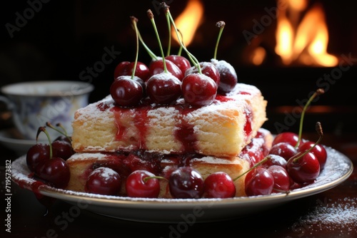 Vertical shot of a cherry cake with powdered sugar and ingredients, generative IA photo