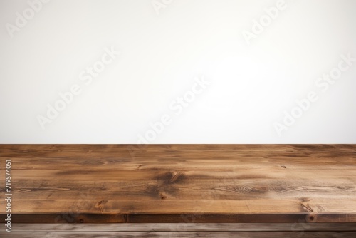 Empty wooden bronze table over white wall background