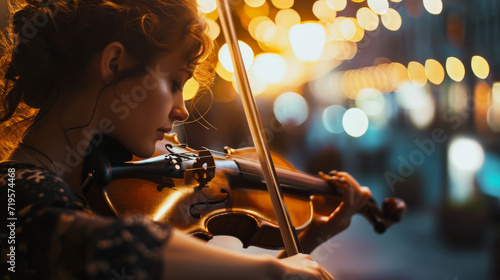 A girl playing the violin against the blurred lights of the fireworks scene