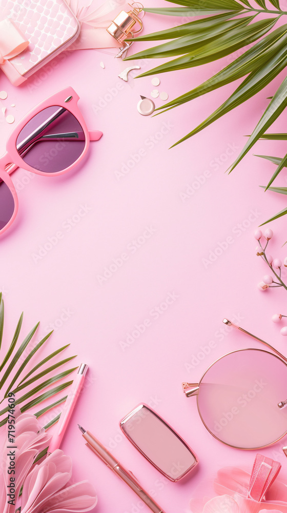 Pink Fashion and Beauty Accessories with Palm Leaf and Sunglasses Pink Fashion and Beauty Accessories with Palm Leaf and Sunglasses