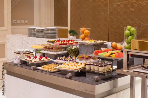 Buffet of Delicious Sweet Desserts on the Table. Arab Sweets Mixed with Fruits and Cakes.