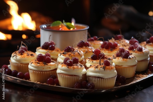 Front view of small baked and tasty delicious cakes on the white surface, generative IA