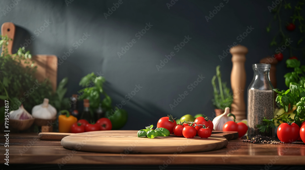 Rustic Kitchen Scene with Fresh Vegetables and Spices on Wooden Table Rustic Kitchen Scene with Fresh Vegetables and Spices on Wooden Table
