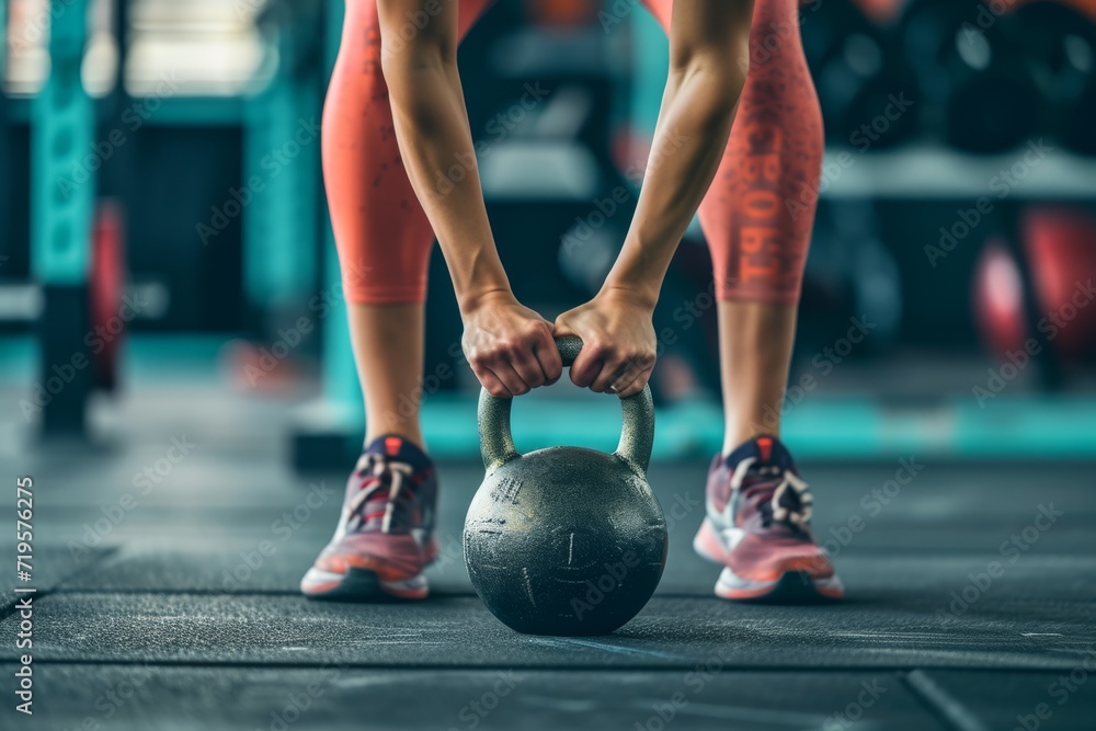 Naklejka premium A powerful image capturing a determined woman deadlifting a kettlebell from the ground at the gym, showcasing strength, fitness, and weightlifting prowess