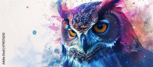 Abstract colorful watercolor Owl bird portrait with double exposure painting style. Generated AI © artpray