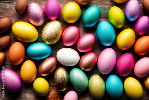 Colorful Easter eggs lie on a wooden table. Orthodox traditions. Easter background.