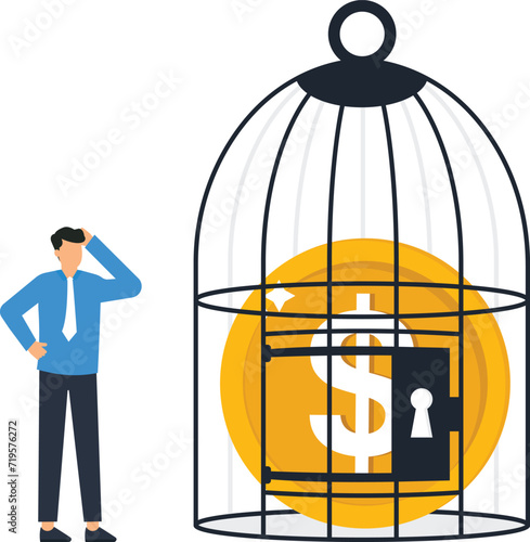 Lock up money or control money, Businessman locking coin in a birdcage and finance and investment concept,
