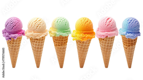 Colorful ice cream cone set mockup in 3d without backoground png for decoration. Created using generative AI.