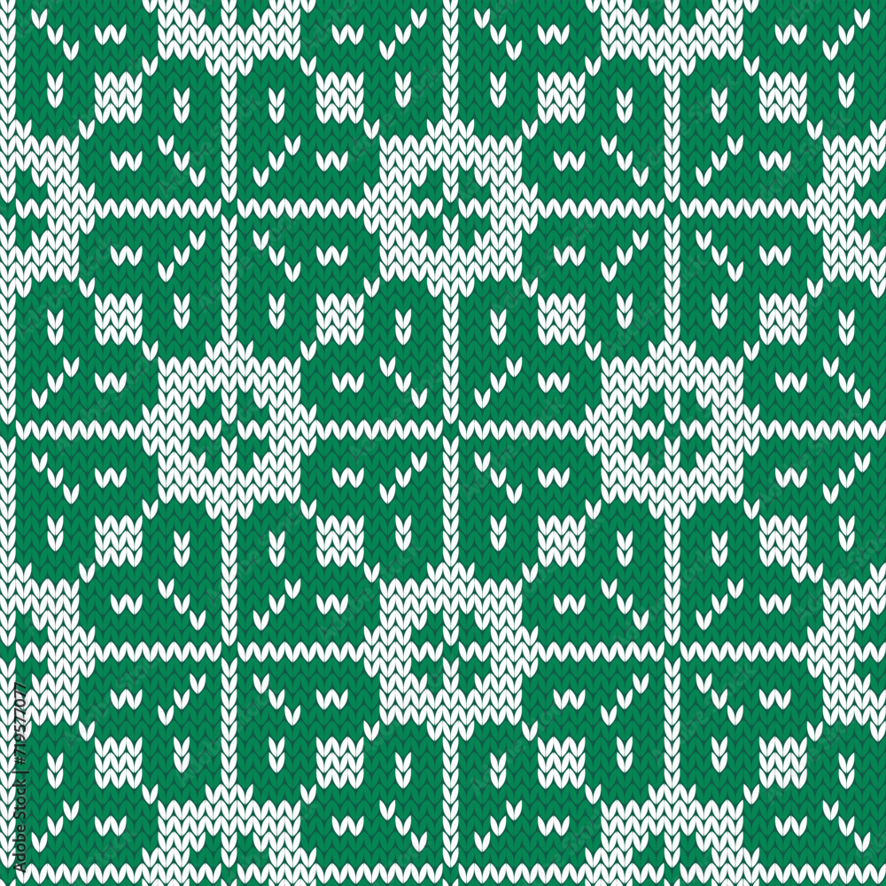 Clover fair isle jacquard knitted seamless pattern for knitwear design. Green and white  background. Vector illustration.