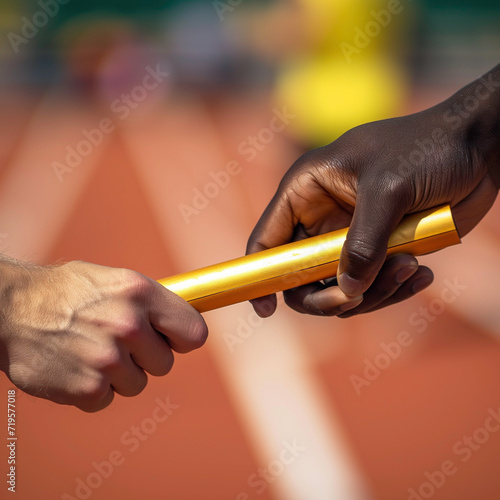 Two people passing the baton in a competition