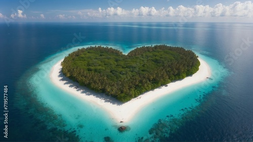 Heart shaped tropical island, a paradise with amazing palm trees on a white sand beach. Drone shot of a heart shaped tropical palm island in the ocean. Generative AI 