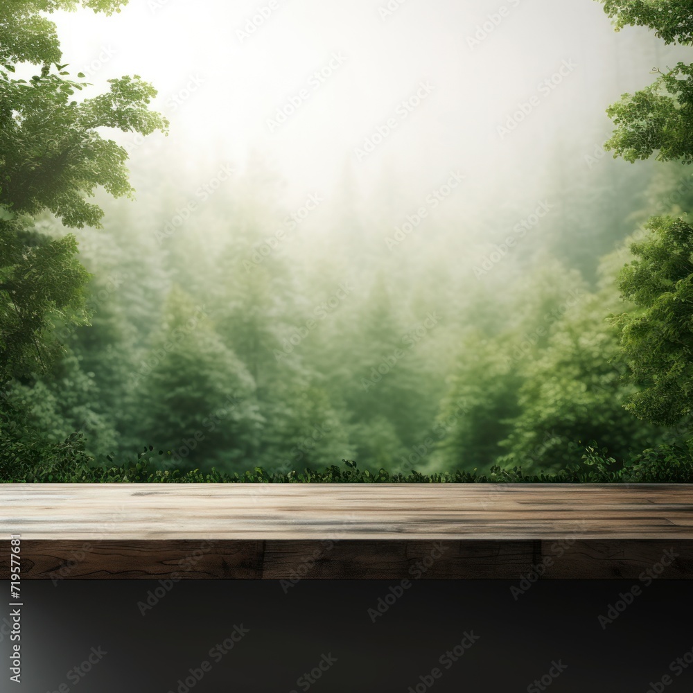 Empty wooden forest green table over white wall background 