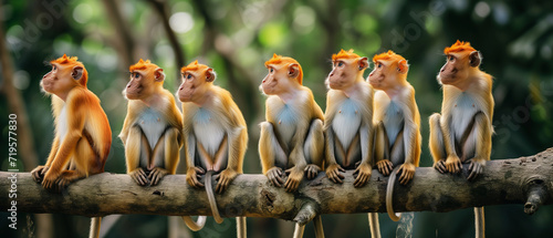 A Captivating Lineup of Proboscis Monkeys Perched on a Tree Branch in the Wild photo