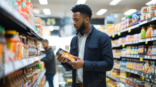 man in a grocery store aisle, carefully examining a product he is holding in his hands photo