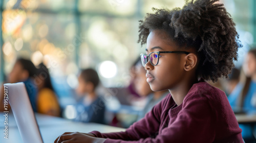 Wallpaper Mural young female student wearing glasses, working on a laptop in a classroom environment Torontodigital.ca