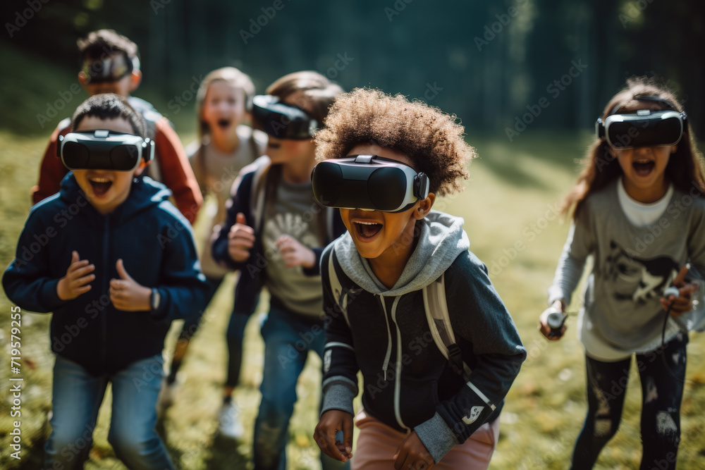 Naklejka premium group of children, full of joy and excitement, run through a forest, each wearing a VR headset, virtual reality game set in the natural world