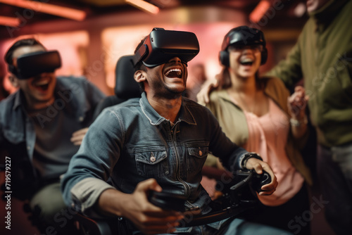 diverse group of people are immersed in a virtual reality experience, enjoying themselves as they explore the digital realm of the metaverse with VR headsets
