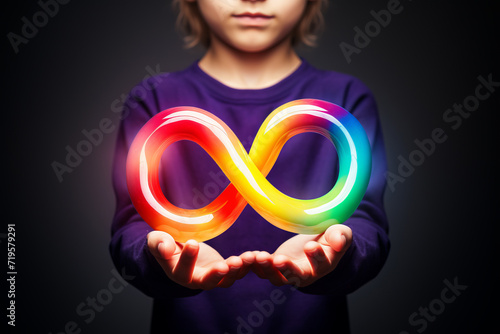 Autism infinity rainbow symbol sign in kid hand. World autism awareness day, autism rights movement, neurodiversity, autistic acceptance movement