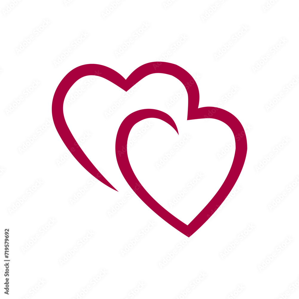 Simple illustration of two joined united hearts ornament. Pattern, symbol, sign, line, icon, silhouette, tattoo.