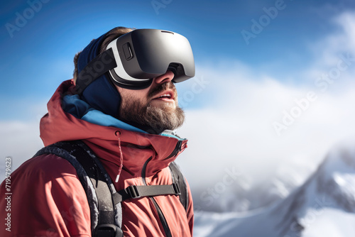 man in a winter jacket and VR headset stands against a mountainous backdrop, exploring virtual worlds in the heart of nature © gankevstock