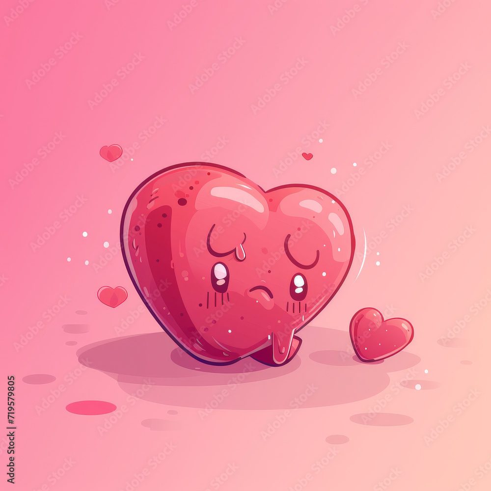  A sad, teary-eyed pink heart in a charming cartoon style.