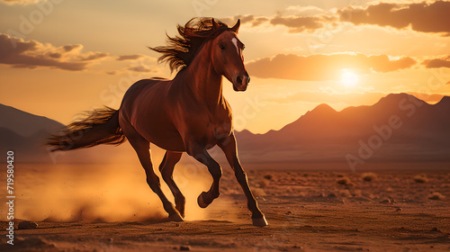 Majestic brown horse galloping through wild dry landscape with sun settling down in the horizon