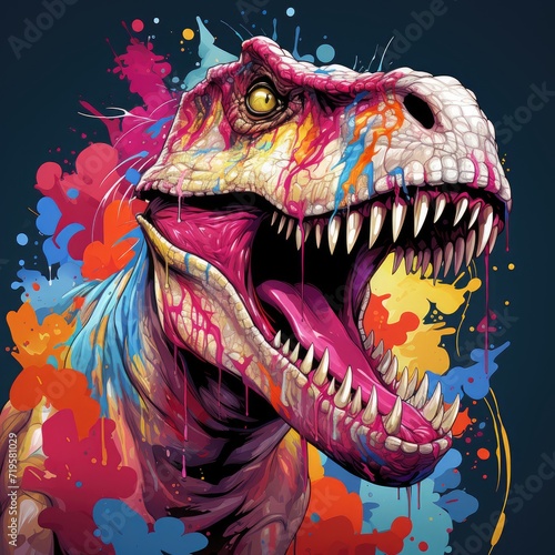 A painting with a tyrannosaurus in bright splashes of neon colors. Colorful print with the head of a tyrannosaurus on a black background in splashes of paint. Dinosaur print on paper and fabric.