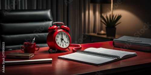 Red Desktop, Red telephone and Red clock on wooden table with notebook,