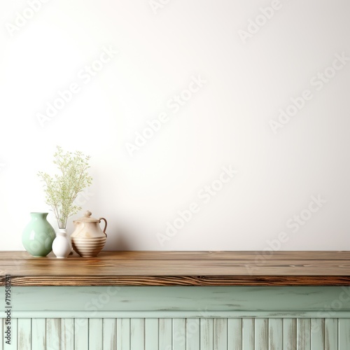 Empty wooden mint table over white wall background