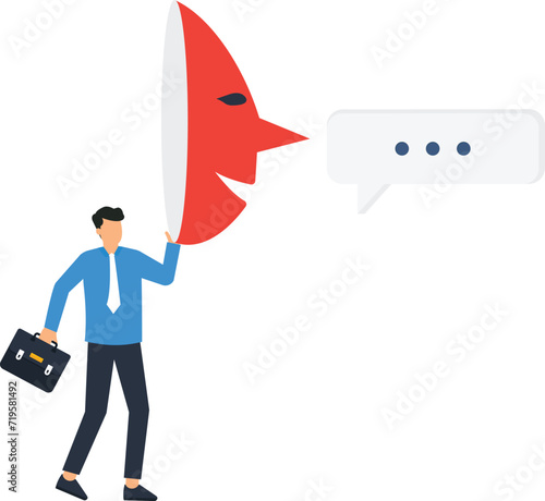 Dishonesty and lies or scam or fraud or fake hiding behind disguise mask, Business cheating or suspicion or false or fake news, Dishonest businessman hiding behind disguise mask pretending to lie conc