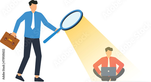 Micromanaging boss and toxic manager monitoring every details, Excessive supervision and control of employee work and processes, Micro manager boss using magnifying glass keep looking at employee work