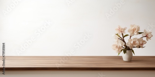 Empty wooden orange table over white wall background