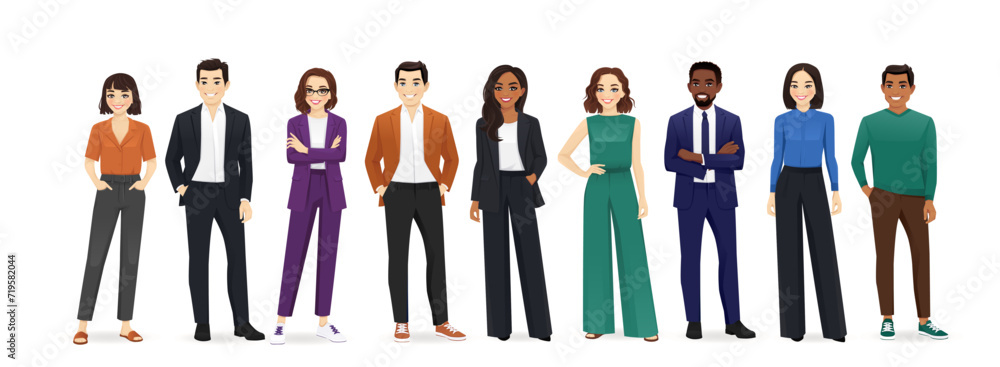 Group of happy diverse multiethnic young business people standing together. Isolated vector illustration - obrazy, fototapety, plakaty 