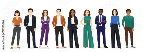Group of happy diverse multiethnic young business people standing together. Isolated vector illustration