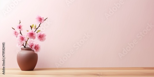 Empty wooden pink table over white wall background